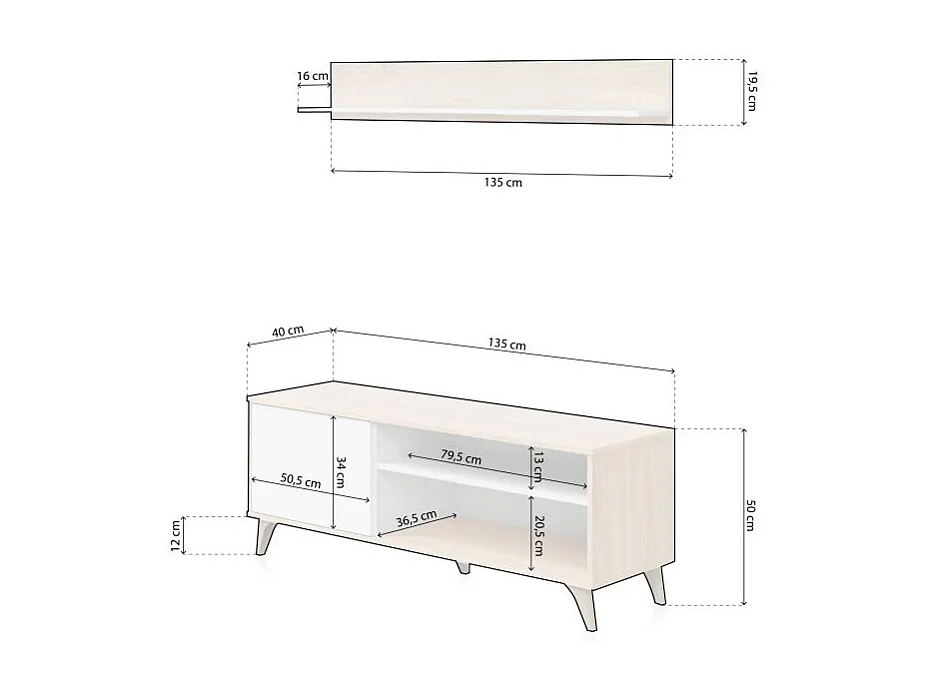 Meuble TV 2 niches et 1 porte avec son étagère murale Kikua Plus - L135 cm