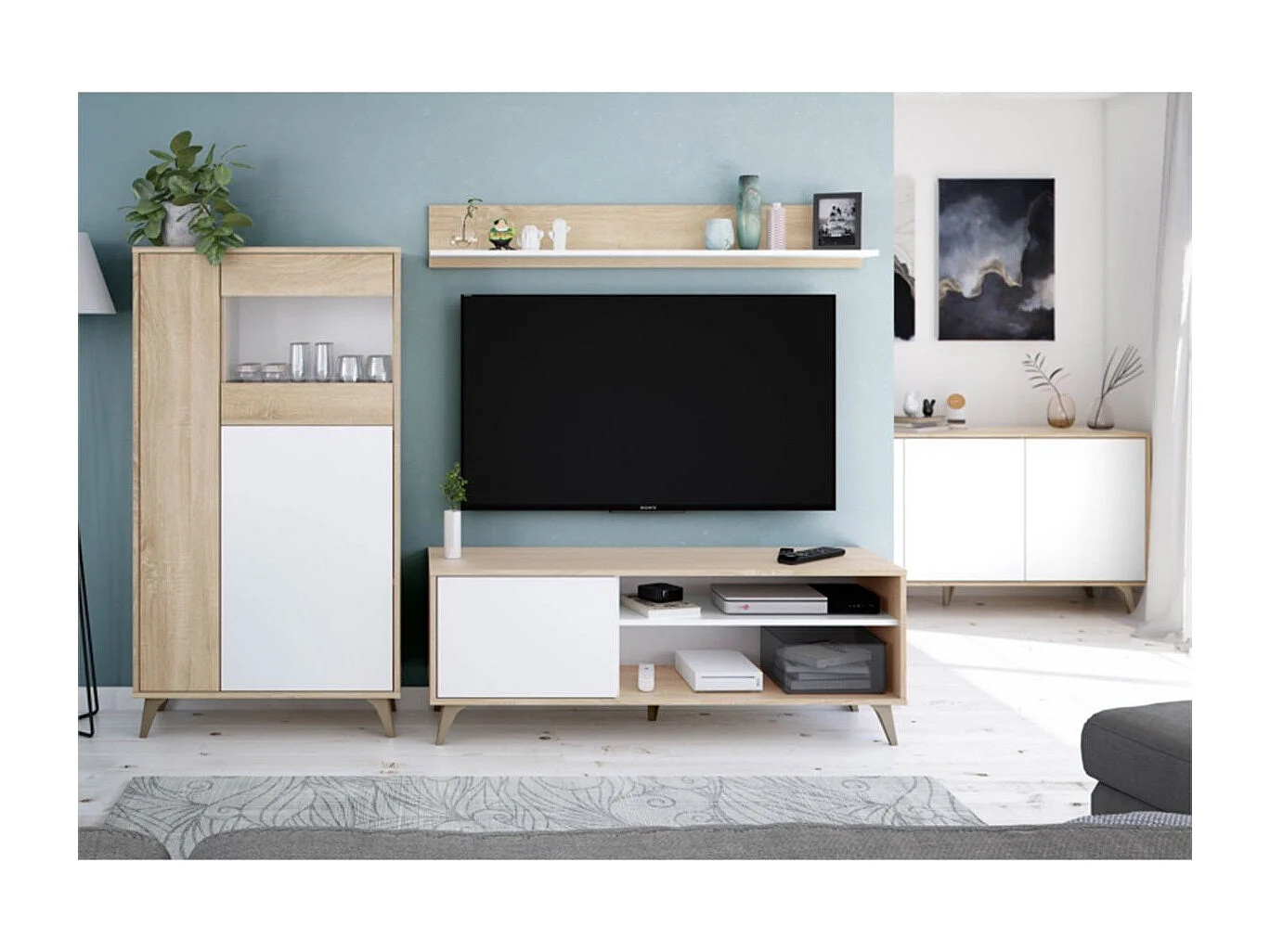 Meuble TV 2 niches et 1 porte avec son étagère murale Kikua Plus - L135 cm