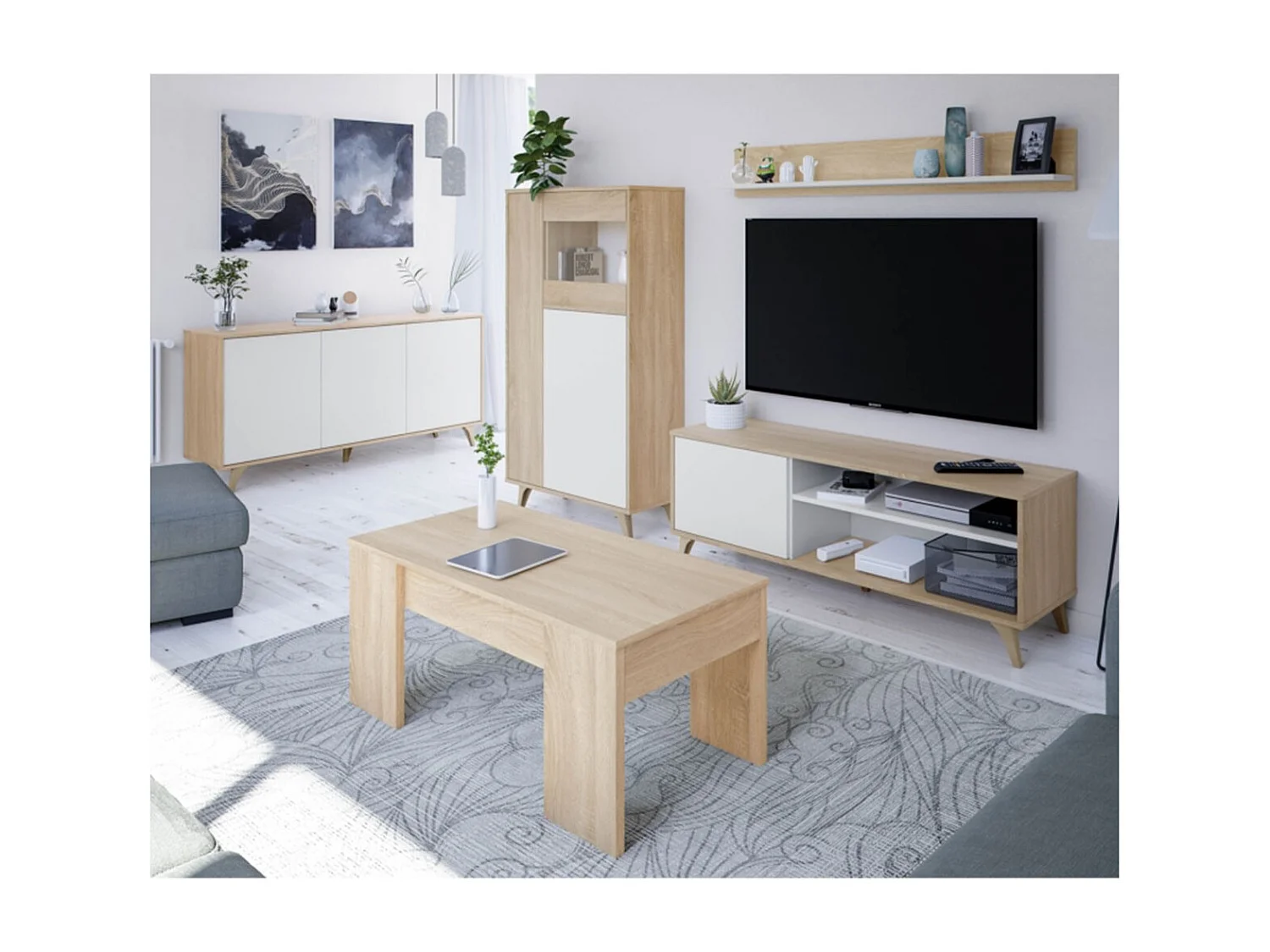 Meuble TV 2 niches et 1 porte avec son étagère murale Kikua Plus - L135 cm
