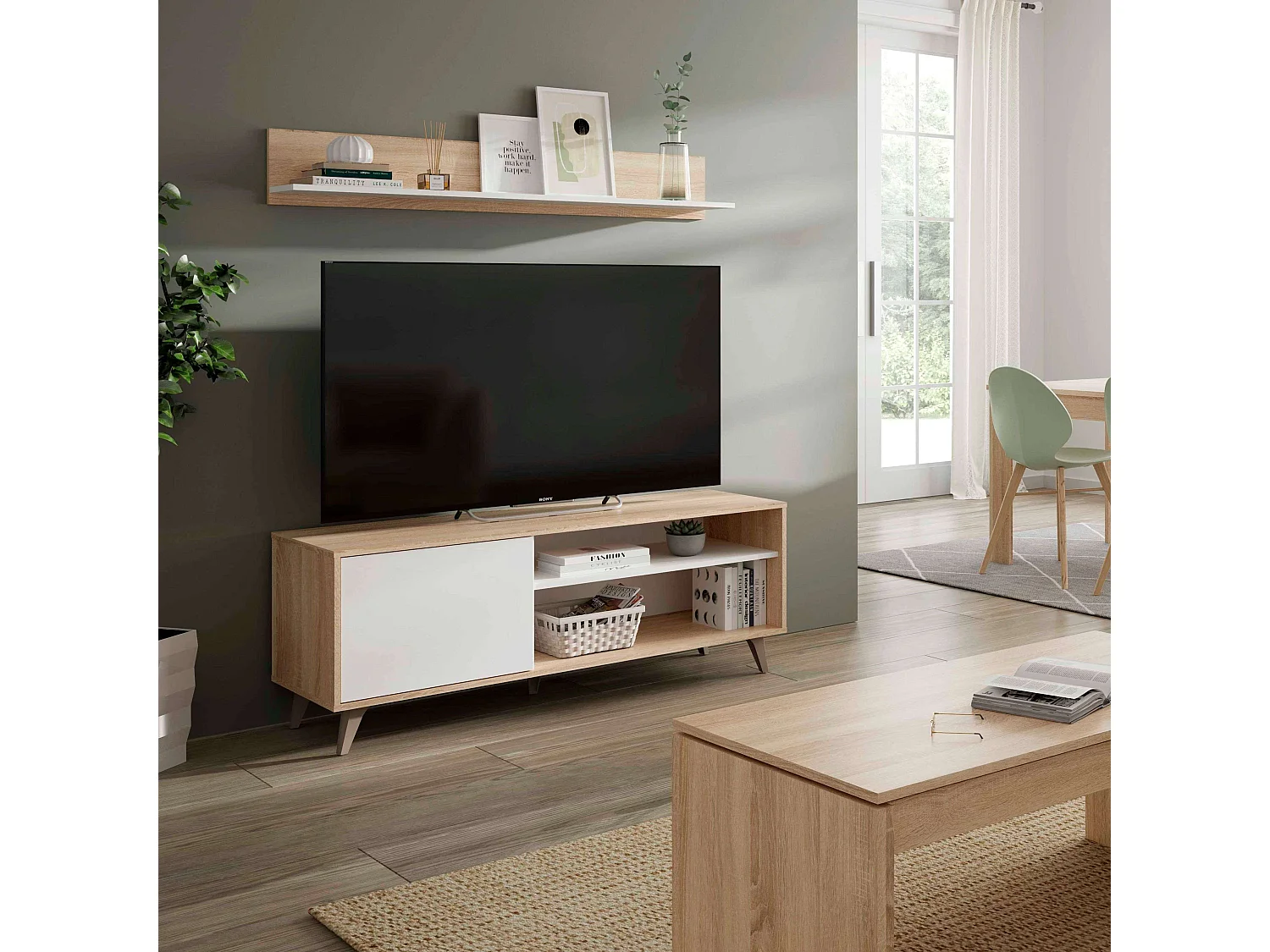 Meuble TV 2 niches et 1 porte avec son étagère murale Kikua Plus - L135 cm