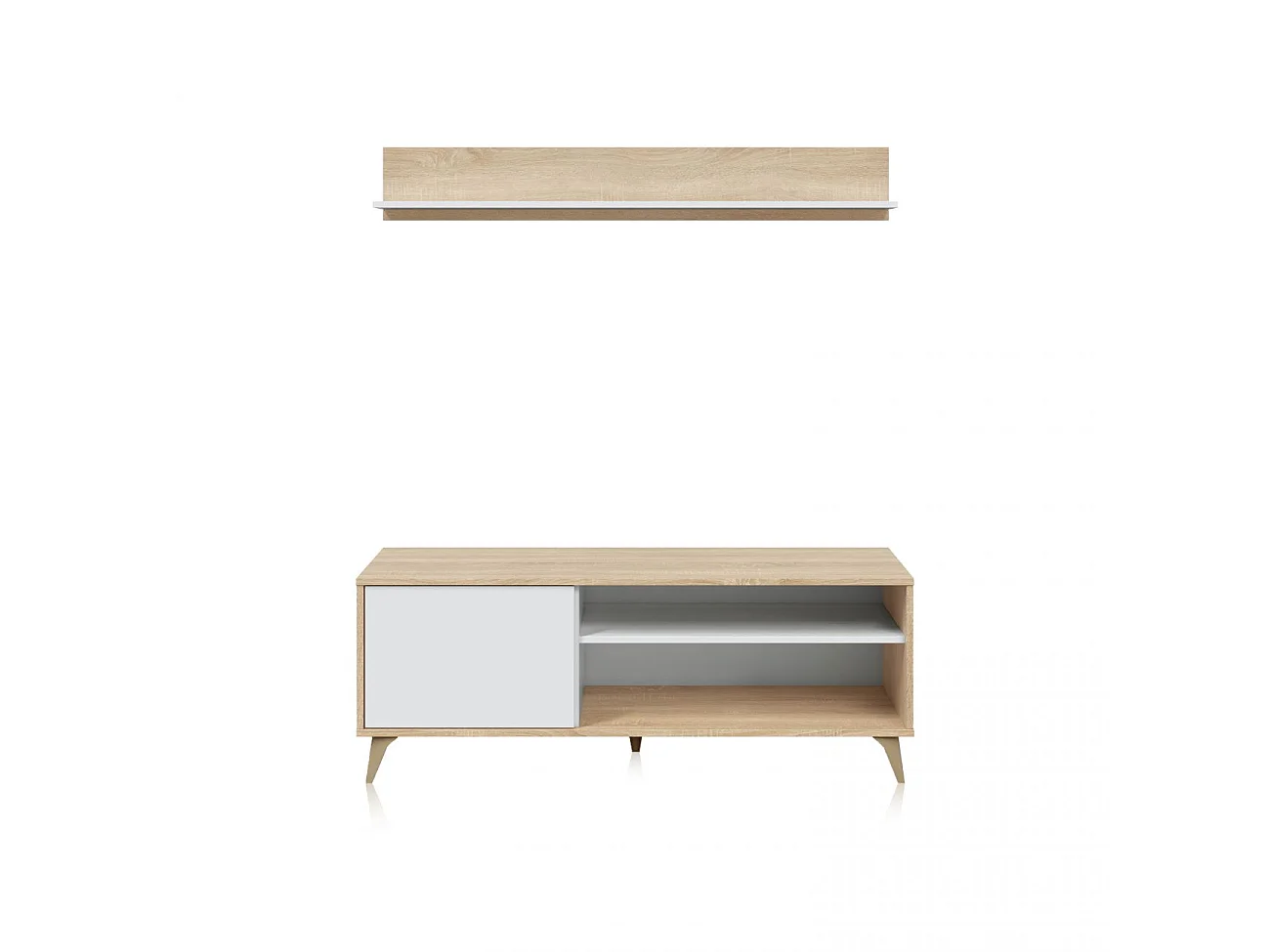 Meuble TV 2 niches et 1 porte avec son étagère murale Kikua Plus - L135 cm