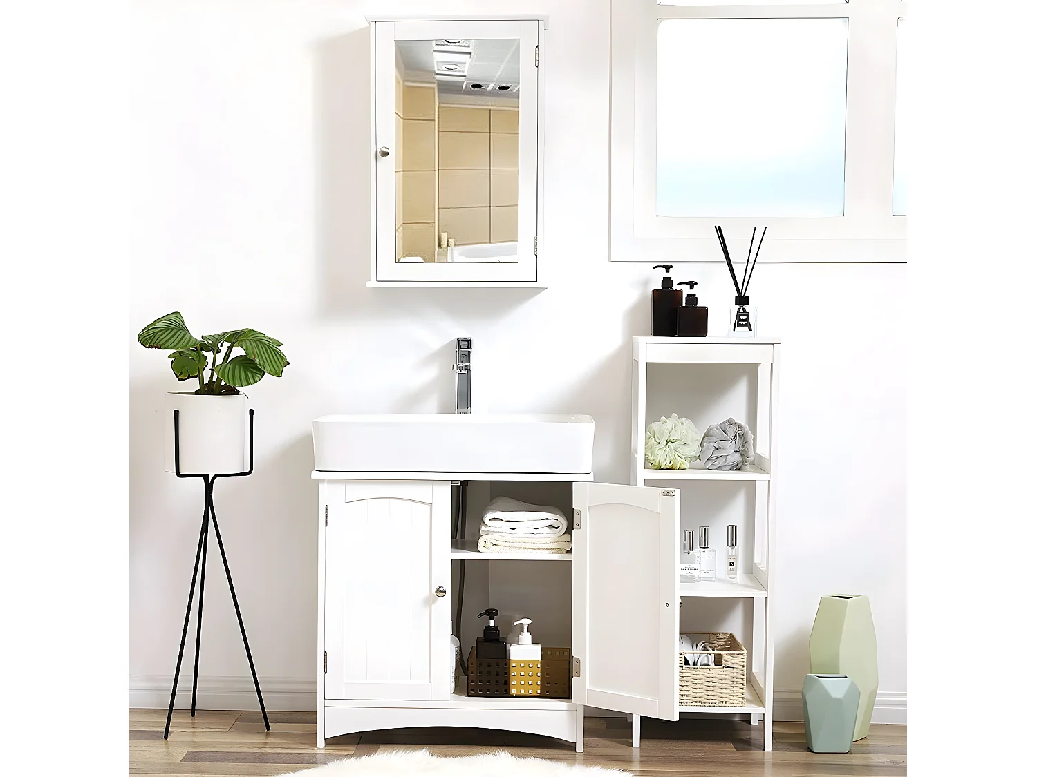 Weißer Waschtischunterschrank mit 2 Türen und 1 verstellbaren Regal - L60 cm