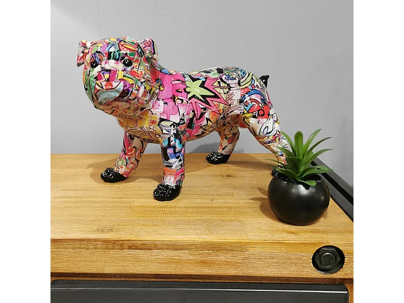Statue bulldog anglais collage multicolore en résine - TAG