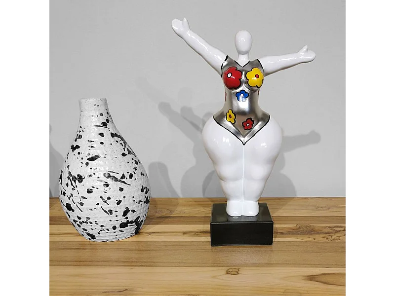 Statue femme bras levés fleurs bleu jaune rouge H34 cm - LADY FLOWER