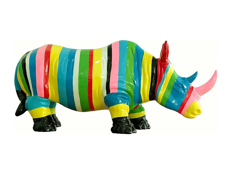 Statue rhinocéros avec rayures multicolores H24 cm - RHINO STRIPE 02