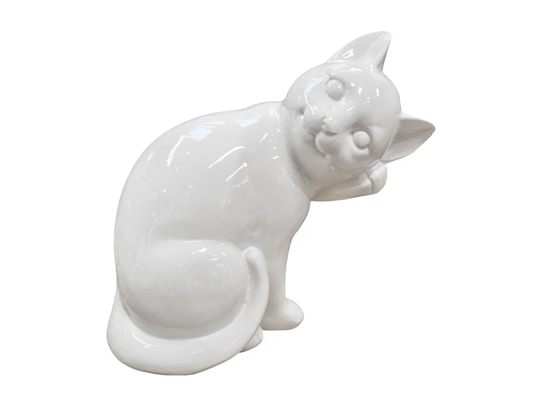 Statue chat blanc laqué assis avec patte sur museau H. 23 cm - CAT