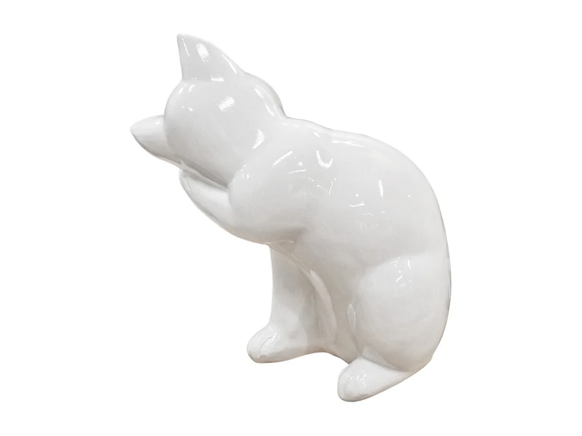 Statue chat blanc laqué assis avec patte sur museau H. 23 cm - CAT