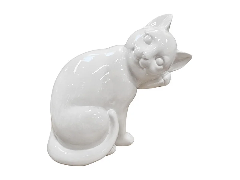 Statue chat blanc laqué assis avec patte sur museau H. 23 cm - CAT
