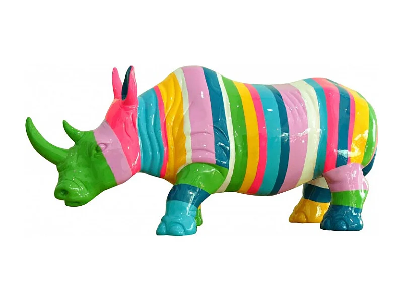 Statue rhinocéros avec rayures multicolores H24 cm - RHINO STRIPE 01