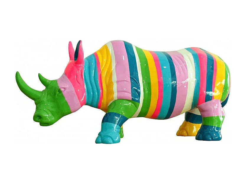 Statue rhinocéros avec rayures multicolores H24 cm - RHINO STRIPE 01