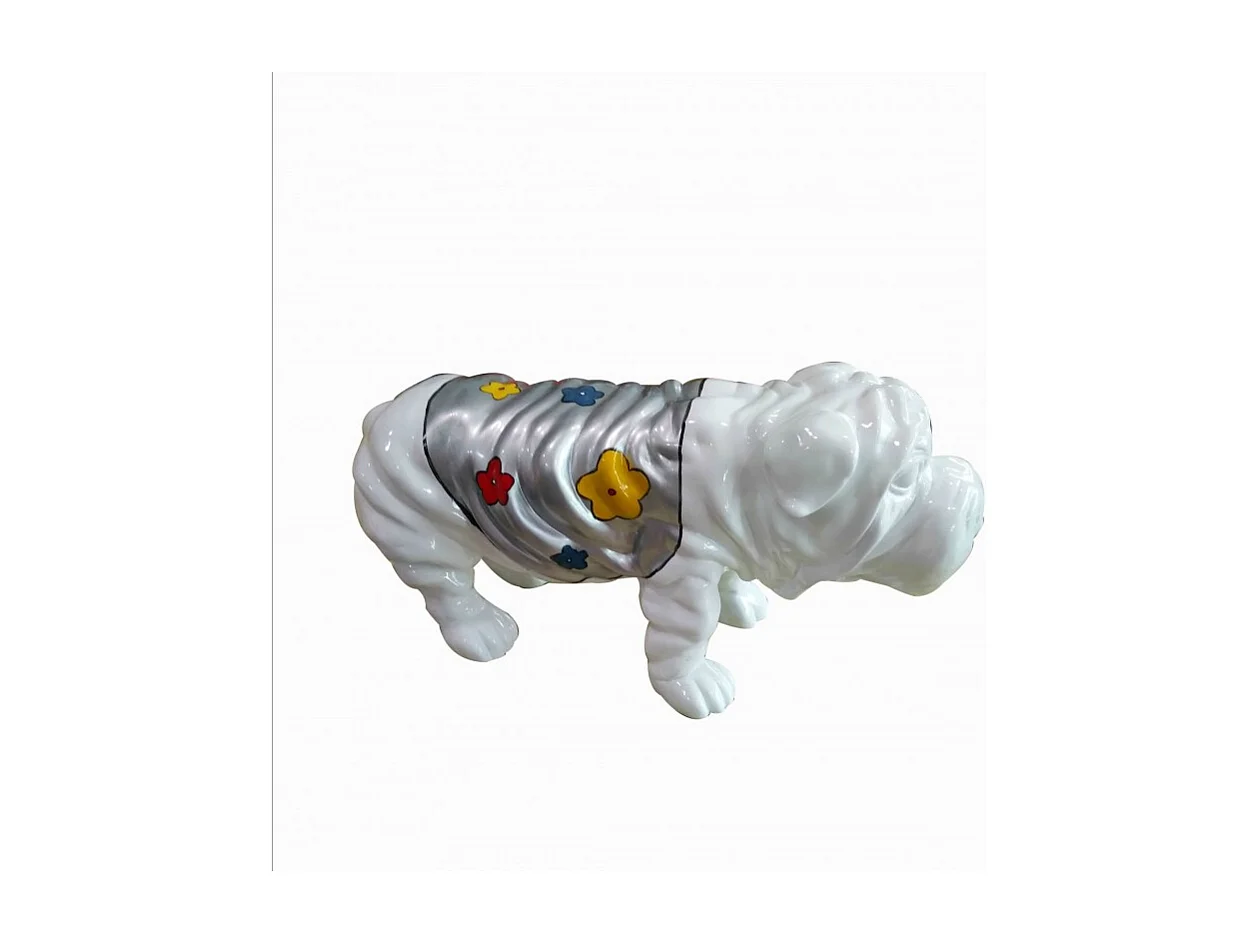 Statue chien bulldog blanc décoration florale - style pop art