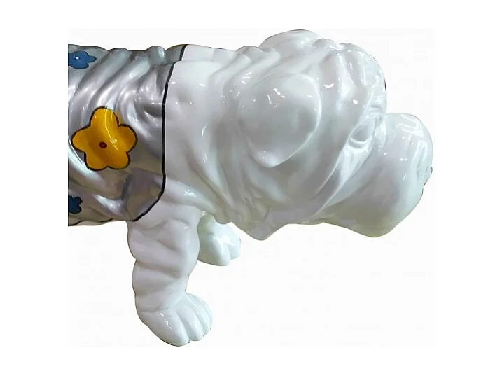 Statue chien bulldog blanc décoration florale - style pop art