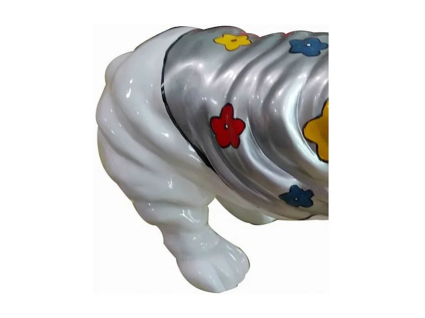 Statue chien bulldog blanc décoration florale - style pop art