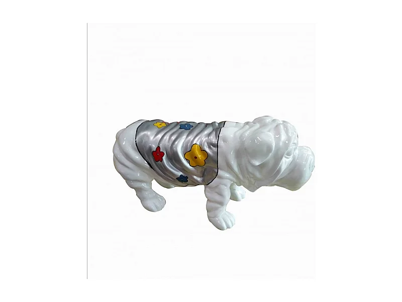 Statue chien bulldog blanc décoration florale - style pop art
