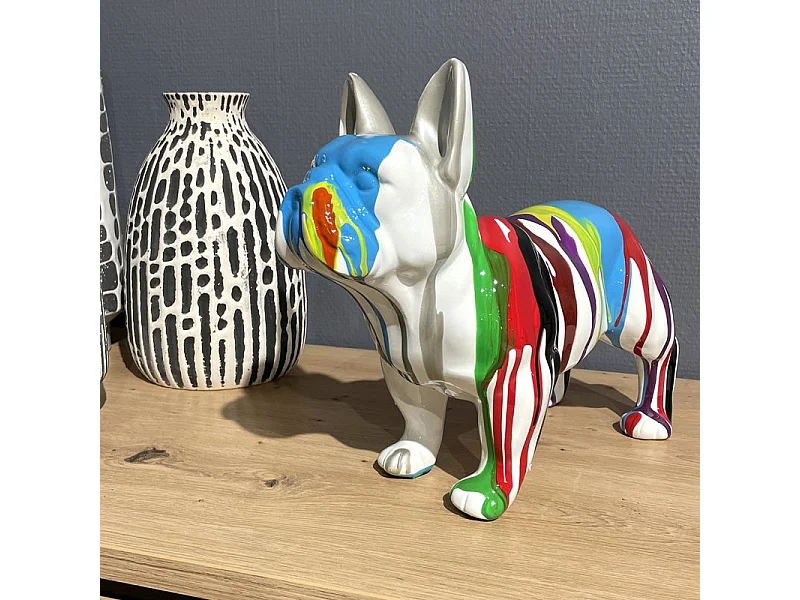 Statue en résine chien bulldog français blanc peinture multicolore - GUNNER