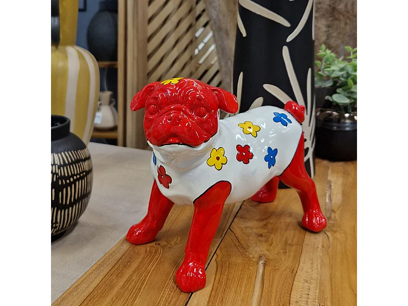 Statue chien carlin avec fleurs colorées H18 cm - CARL BLUME