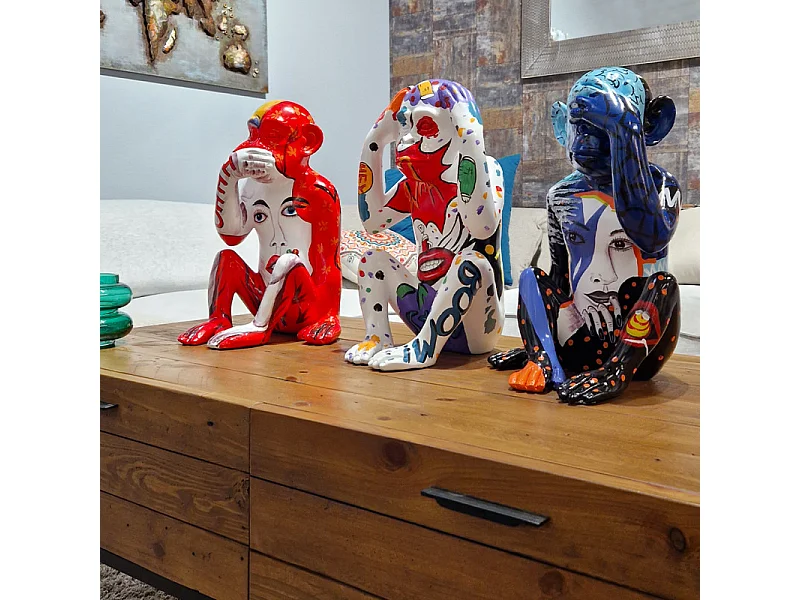 Statue singe mains sur les oreilles et dessins pop art H40 cm - RAFIKI
