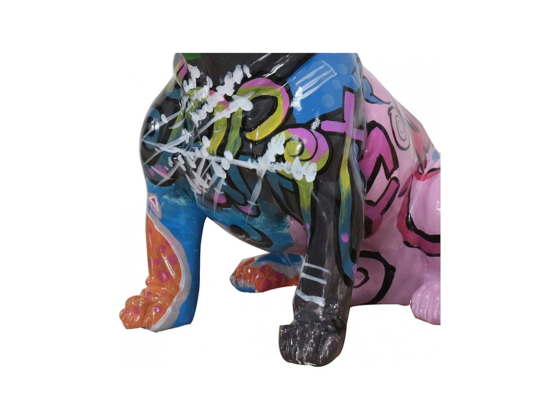 Statue chien bulldog assis tagué multicolore en résine - FABIEN