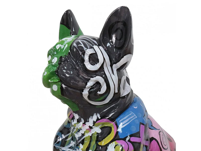 Statue chien bulldog assis tagué multicolore en résine - FABIEN