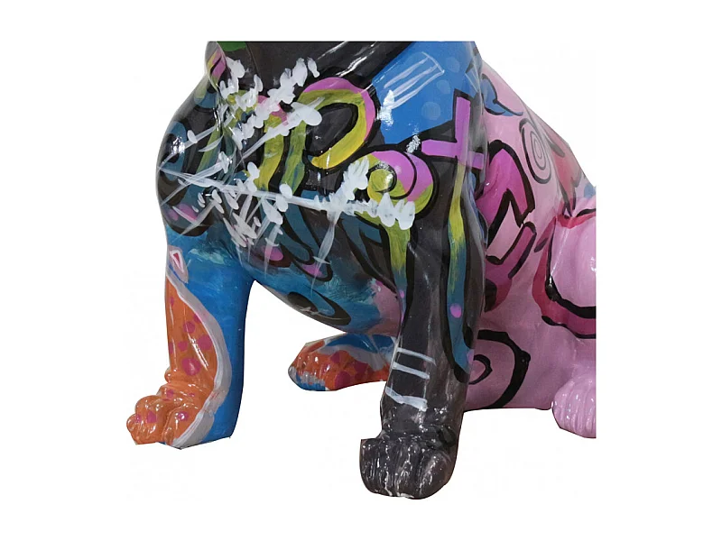 Statue chien bulldog assis tagué multicolore en résine - FABIEN