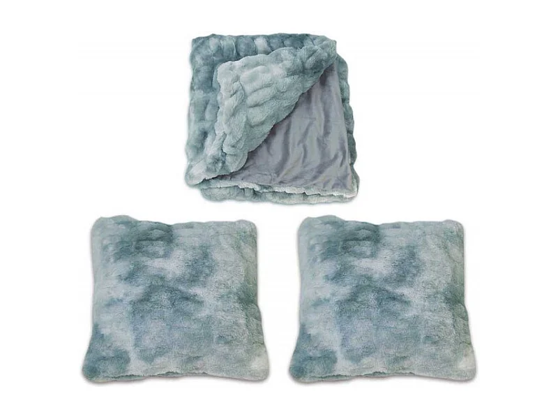 Lot plaid + 2 coussins bleu fausse fourrure ultra douce - CALINOU