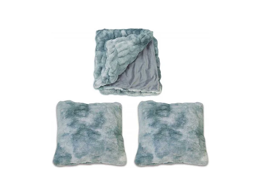 Lot plaid + 2 coussins bleu fausse fourrure ultra douce - CALINOU