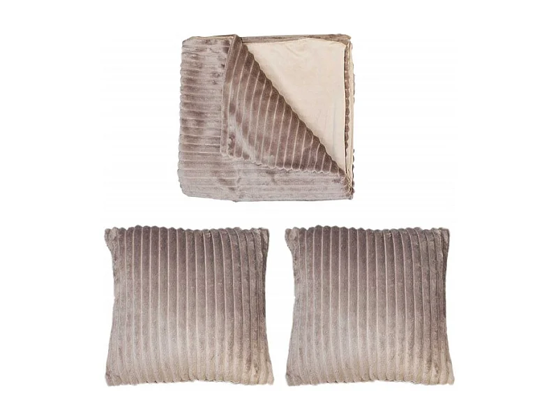 Plaid + 2 coussins marron glacé en velours côtelé doux - BOREAL