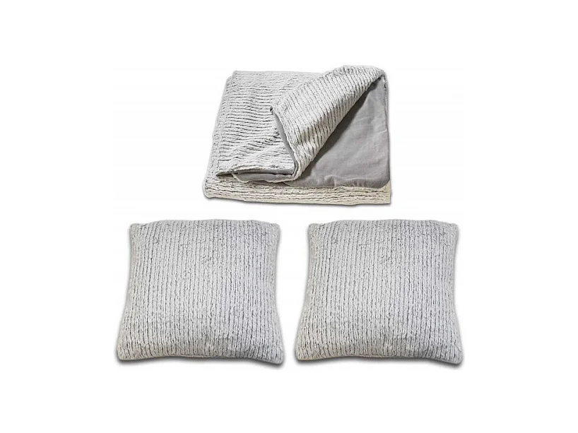 Lot plaid + 2 coussins gris clair en polaire douce effet tricot - LENO