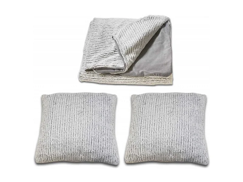 Lot plaid + 2 coussins gris clair en polaire douce effet tricot - LENO
