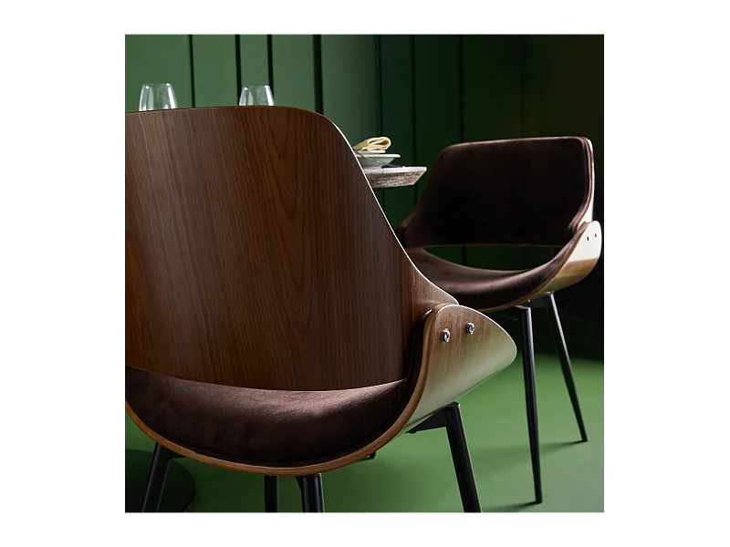 Lote de 4 sillas acabado nogal con asiento de terciopelo marrón - Mannix