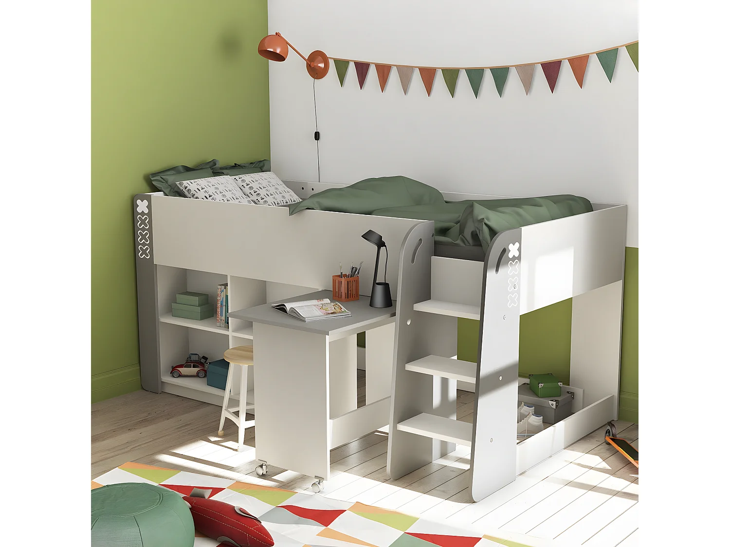 Lit Enfant Combiné avec Bureau et Rangement 90x200 - Hampton