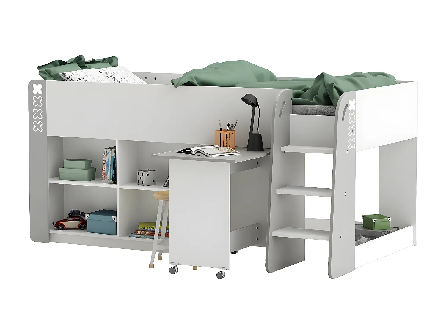 Lit Enfant Combiné avec Bureau et Rangement 90x200 - Hampton