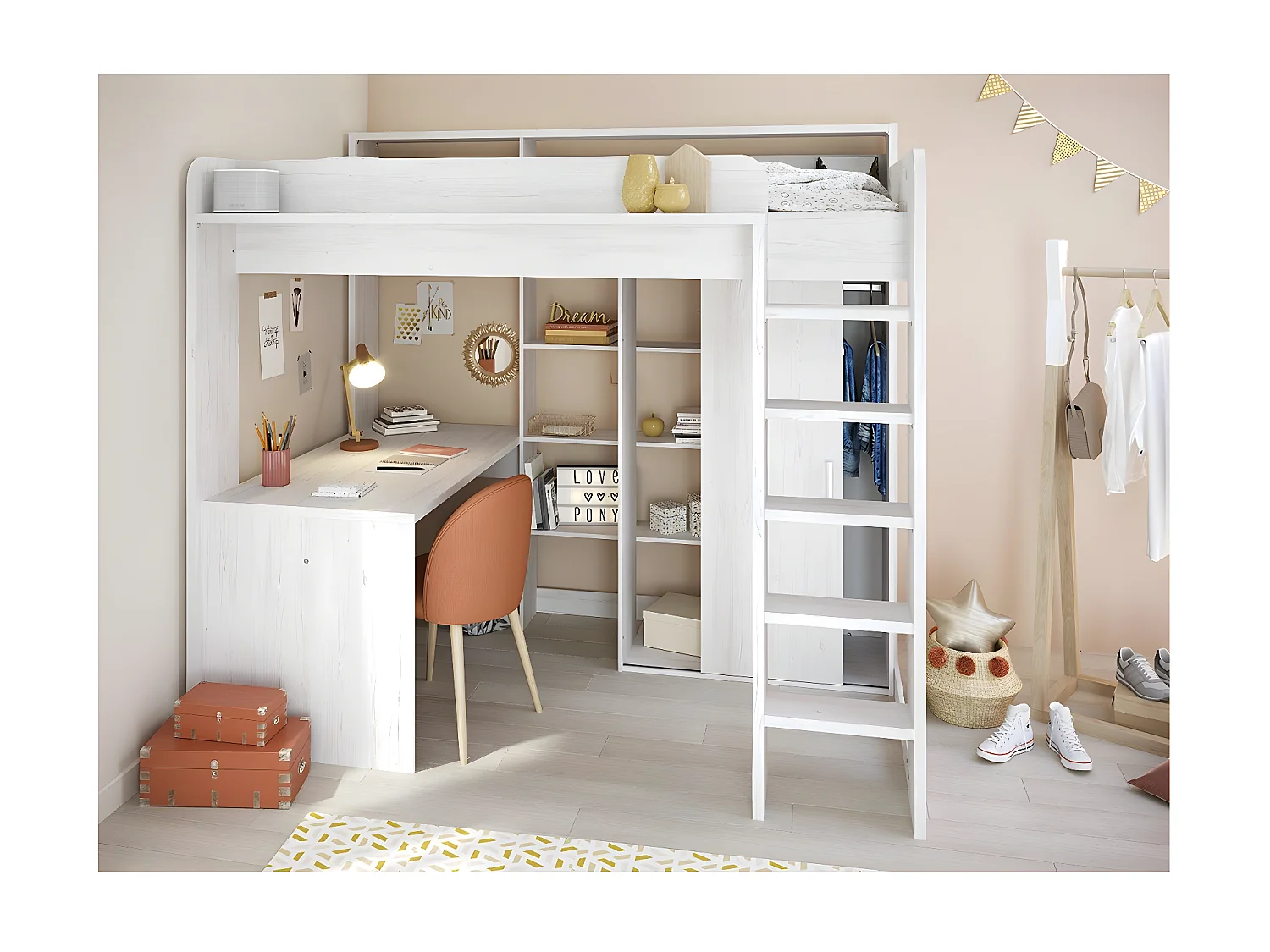 Hoogslaper Wit met bureau en opbergruimte 90x200 cm - Higher