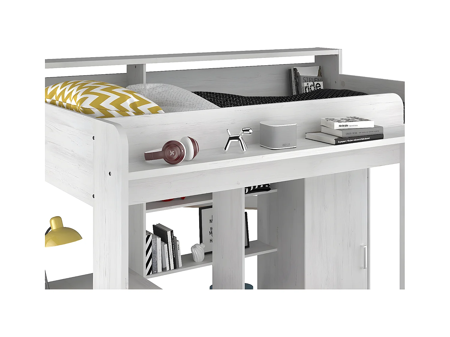 Lit mezzanine Blanc avec bureau et rangements 90x200 cm - Higher