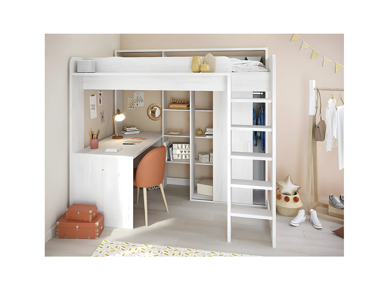 Lit mezzanine Blanc avec bureau et rangements 90x200 cm - Higher