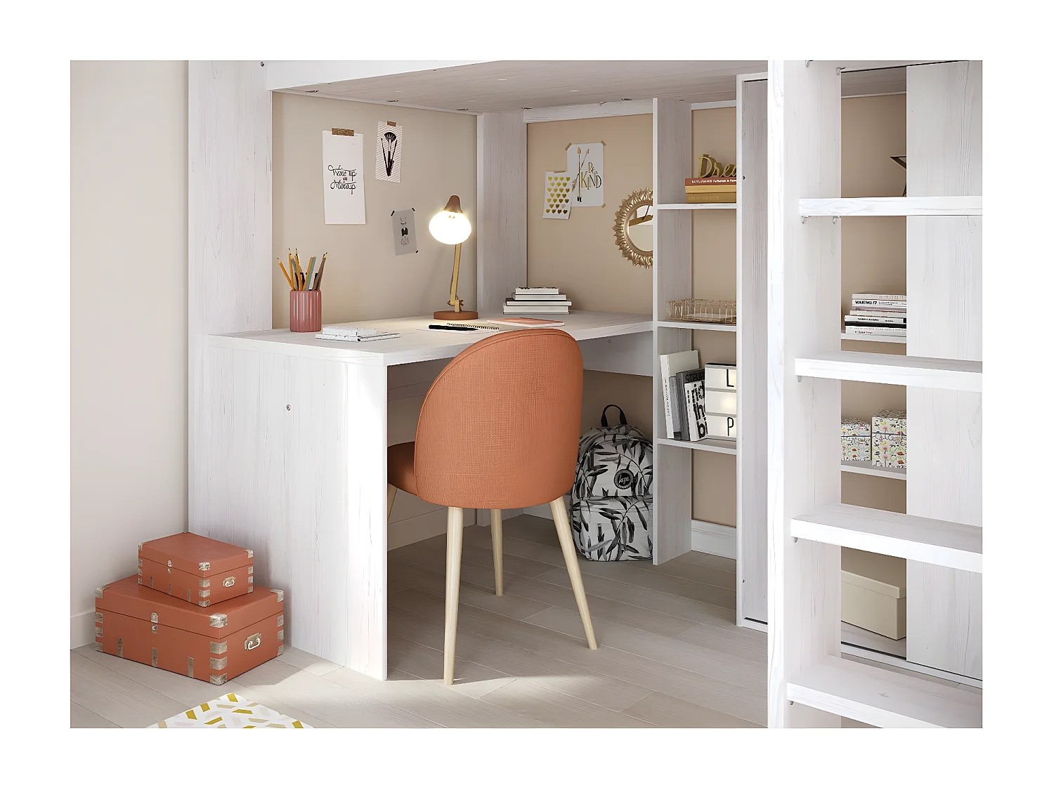 Lit mezzanine Blanc avec bureau et rangements 90x200 cm - Higher