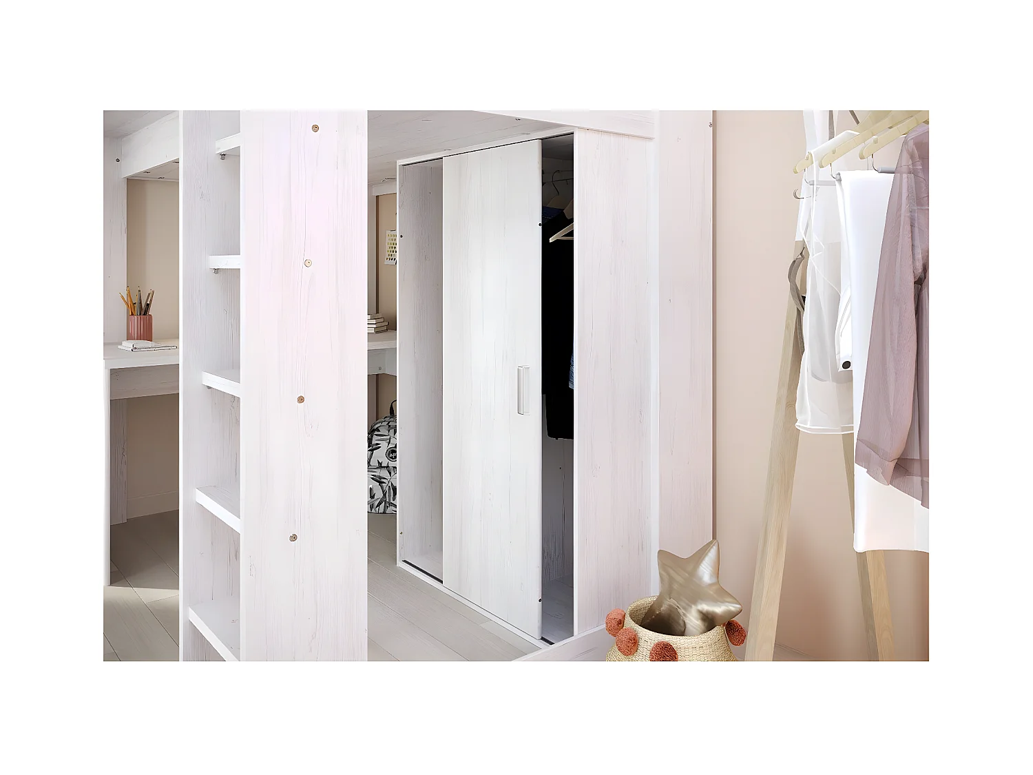 Lit mezzanine Blanc avec bureau et rangements 90x200 cm - Higher