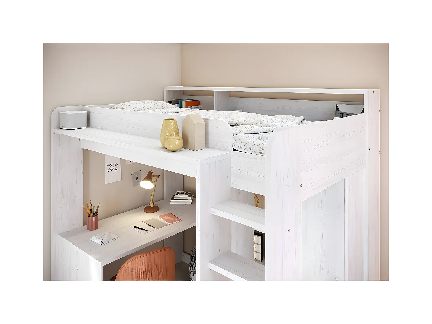 Lit mezzanine Blanc avec bureau et rangements 90x200 cm - Higher