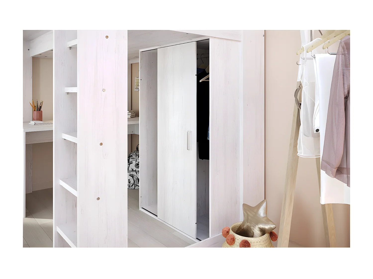 Lit mezzanine Blanc avec bureau et rangements 90x200 cm - Higher