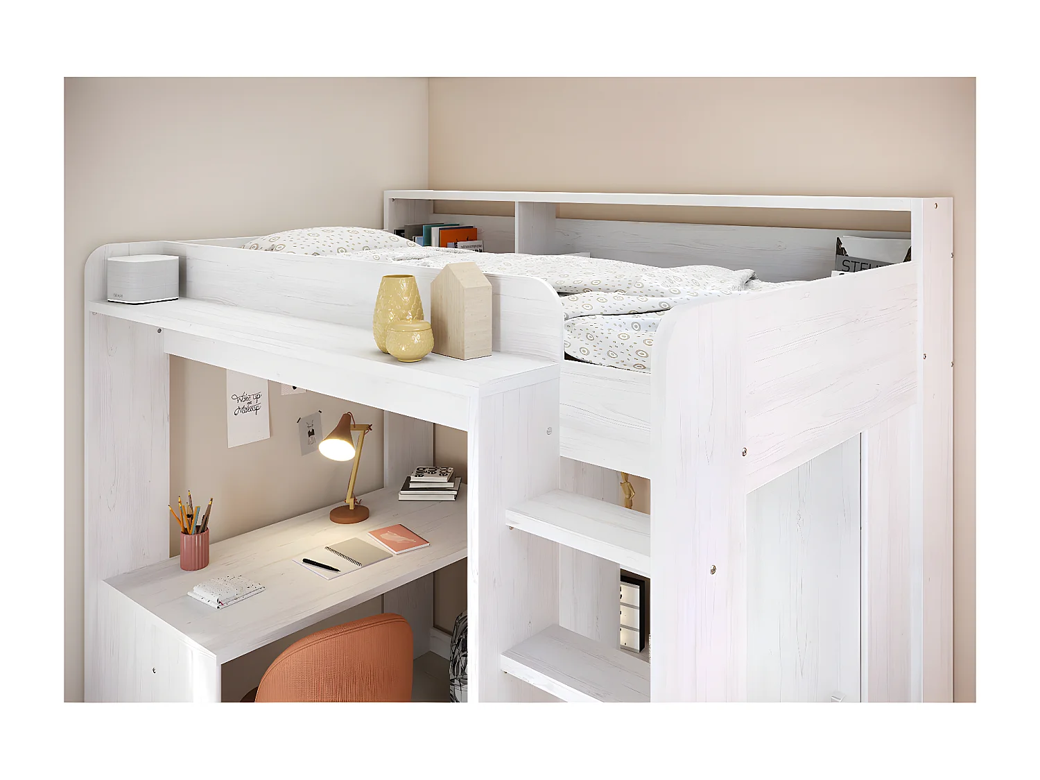 Lit mezzanine Blanc avec bureau et rangements 90x200 cm - Higher