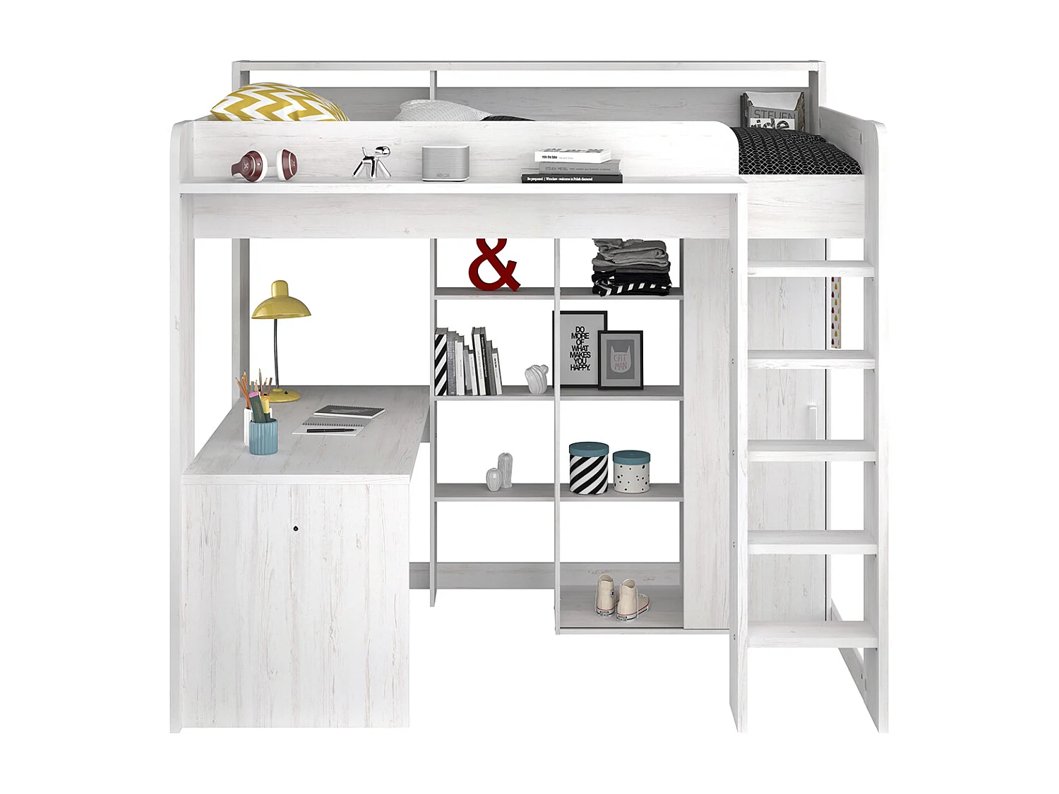 Lit mezzanine Blanc avec bureau et rangements 90x200 cm - Higher