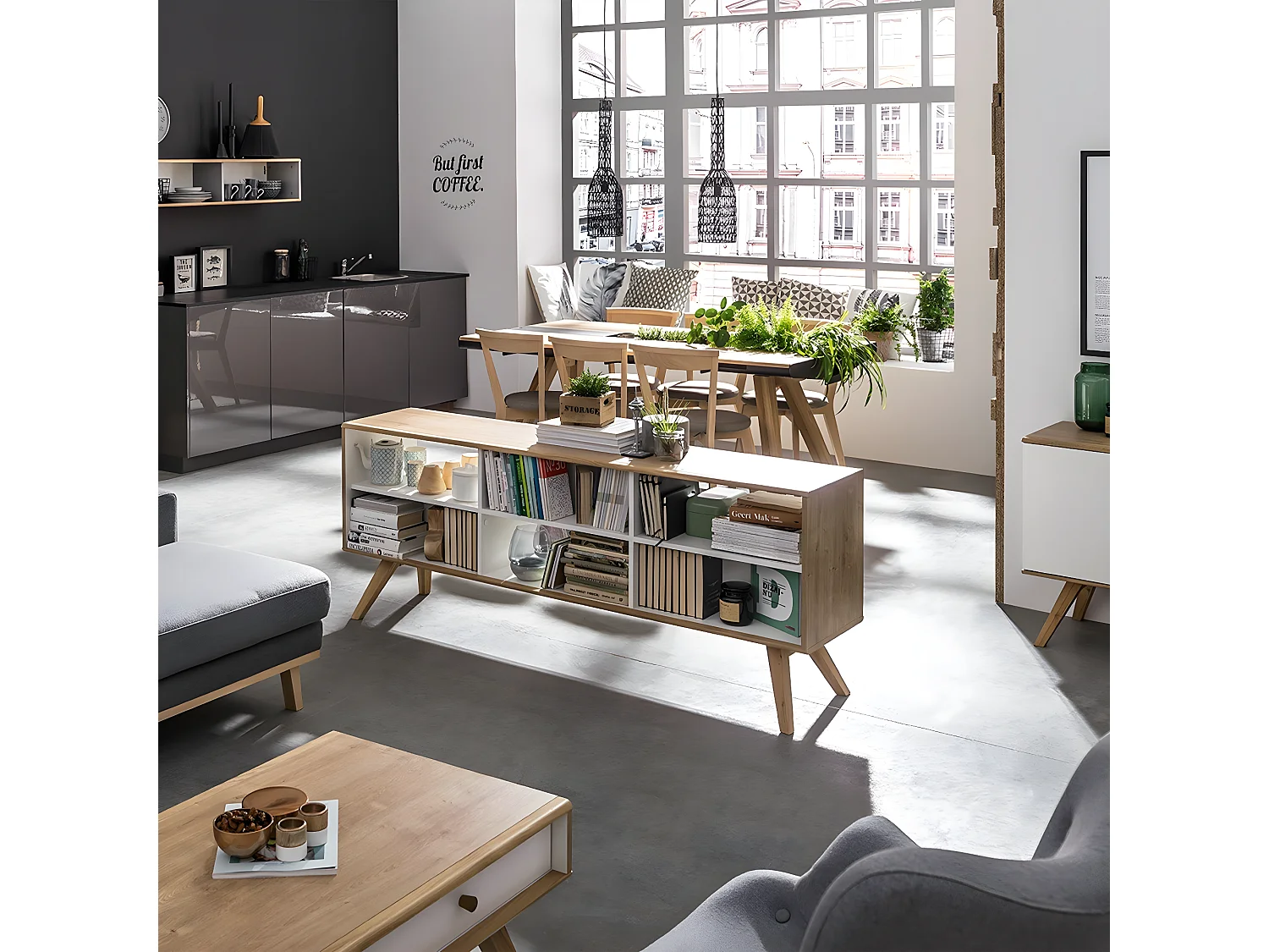 Buffet Offen Zweiseitig Eiche und Weiß Dekor L179,5cm - Natur