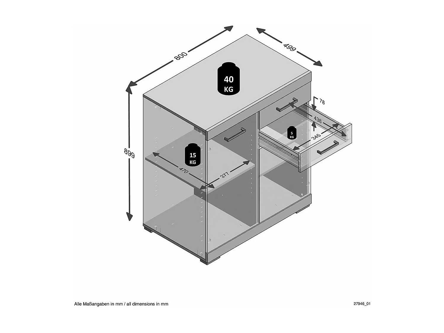 Ladenkast met 2 deuren en 2 laden L80cm - Bristol