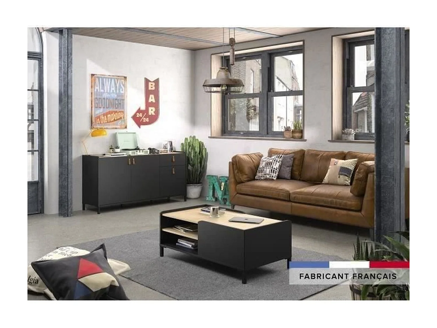 Buffet 3 portes et 1 tiroir, style industriel Amsterdam L160cm- Fabrication Française