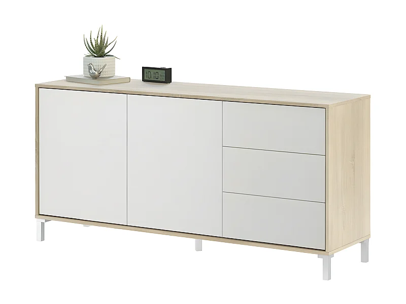 Buffet 2 portas e 3 gavetas Urban Plus - Estilo Contemporâneo - Branco e Madeira Clara