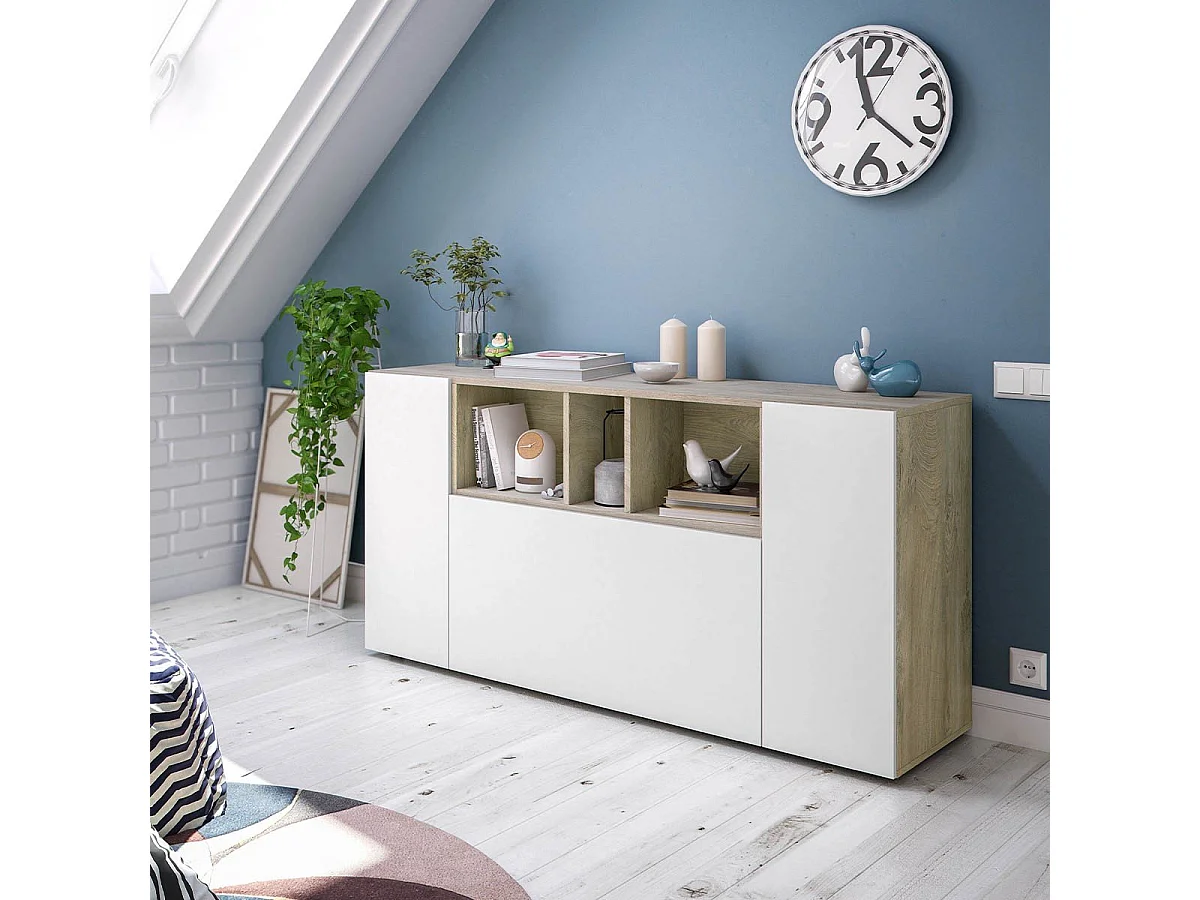 Buffet 3 Portes dont 1 battante et 3 Niches Tamiko - L150 cm