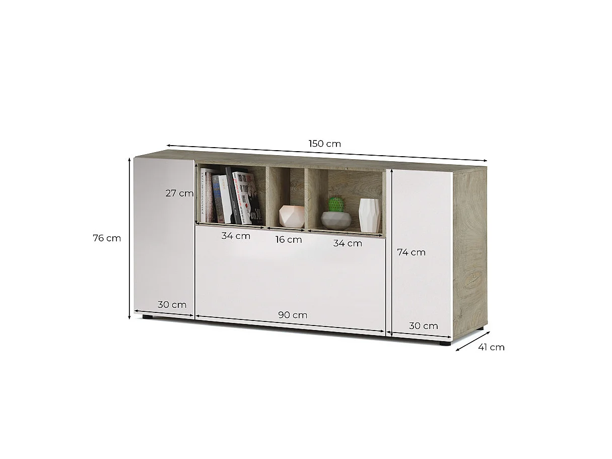 Buffet 3 Portes dont 1 battante et 3 Niches Tamiko - L150 cm