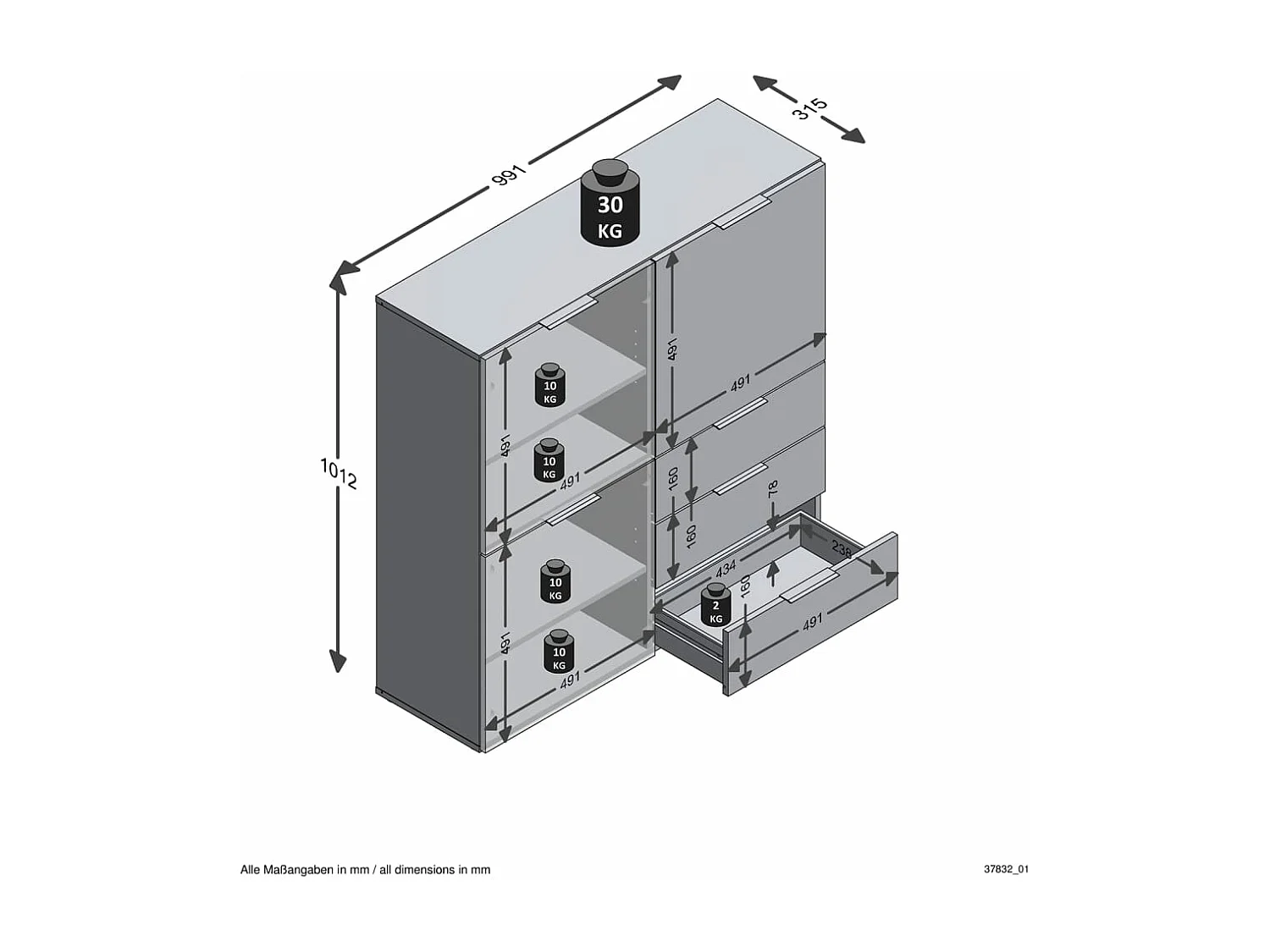 Buffet 3 Portes 3 Tiroirs Noir L99 cm - Dark