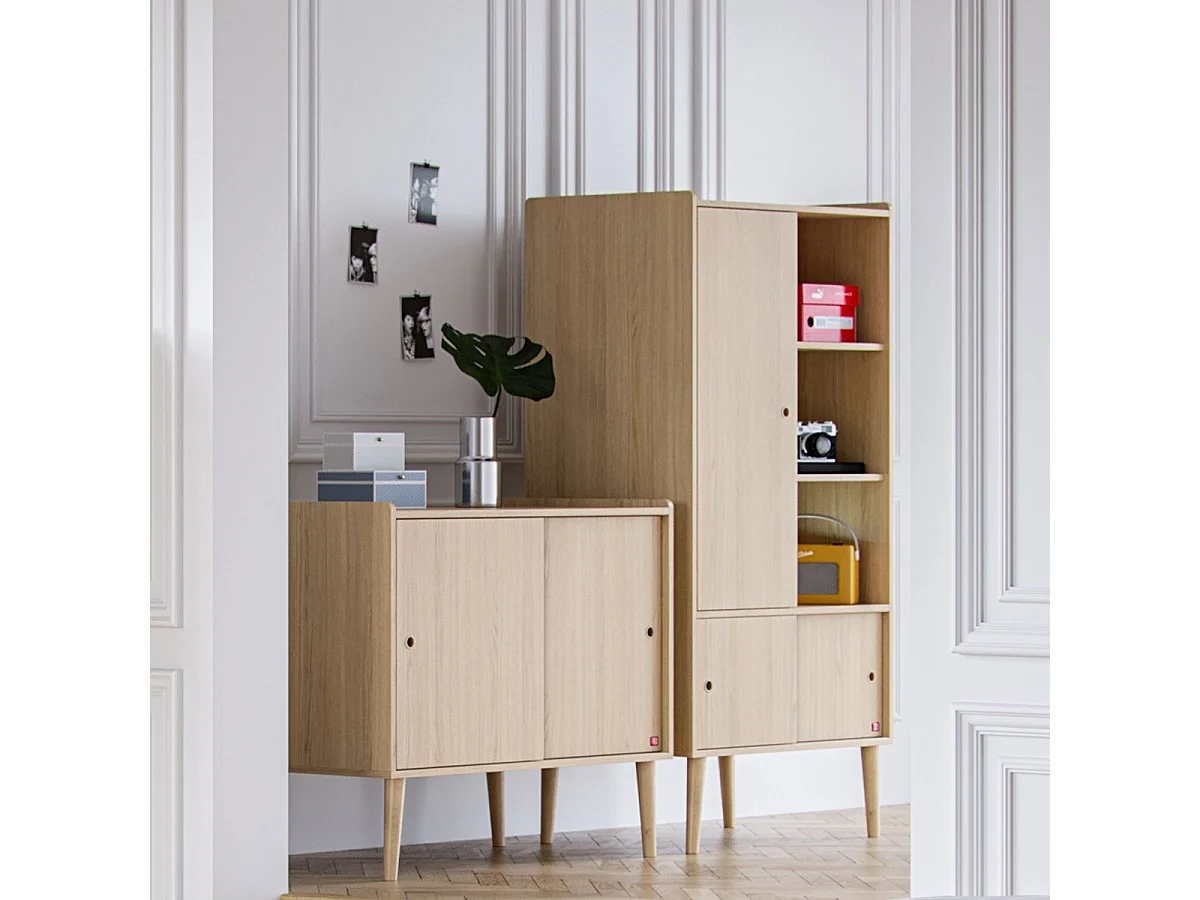 Buffet 2 Portes Coulissantes Décor Chêne  L100 cm - Retro