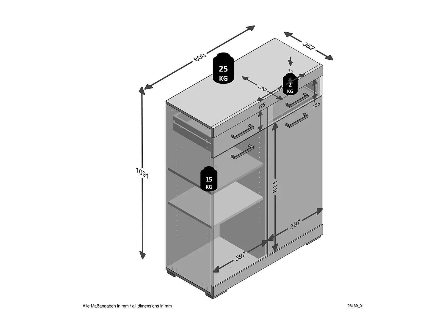 Commode de Rangement 2 Portes 2 Tiroirs L80cm - Bristol